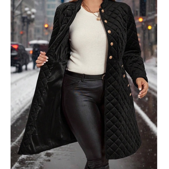 Plus Quilted Button Down Pockets Jacket Coat - Picture 8 of 11